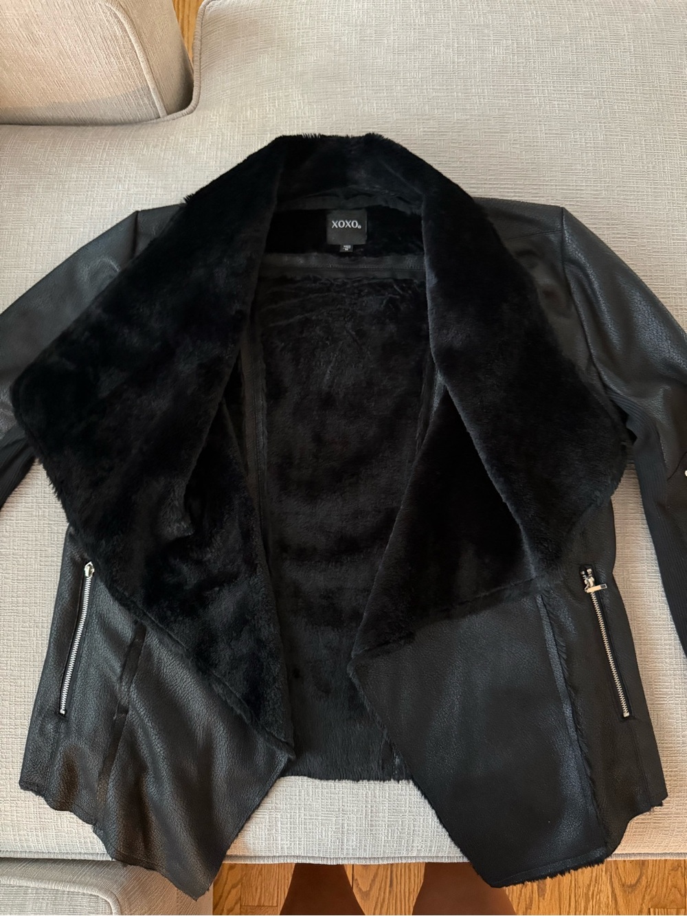 Black Faux Fur-Lined Studded Leather Jacket - Picture 3 of 4